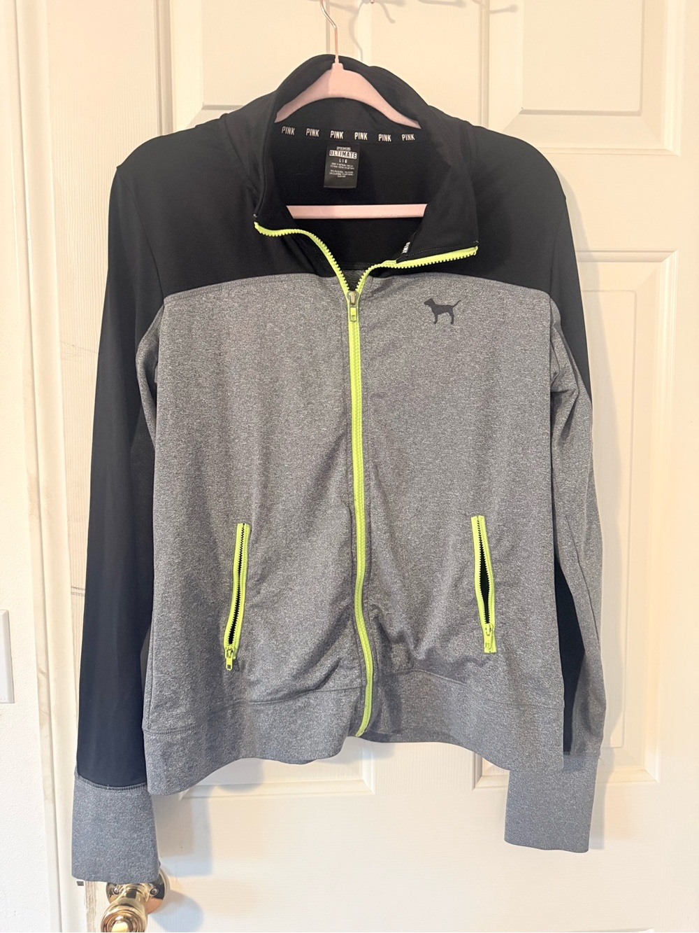 PINK Victoria's Secret Heather Gray & Black Zip-Up Jacket with Neon Yellow Trim